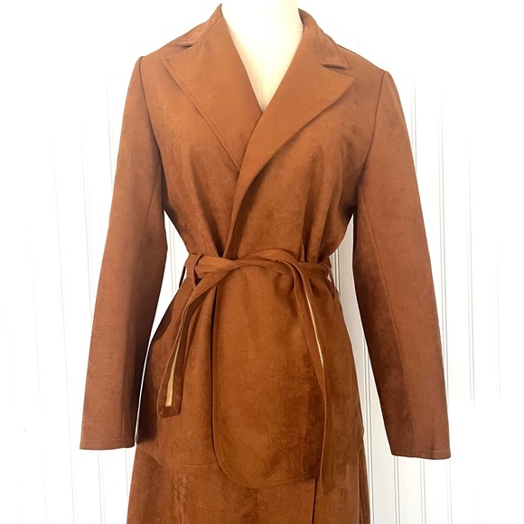 Vintage 70s Faux Suede Suit Matching Blazer and Midi Wrap Skirt Large Caramel - Picture 3 of 16